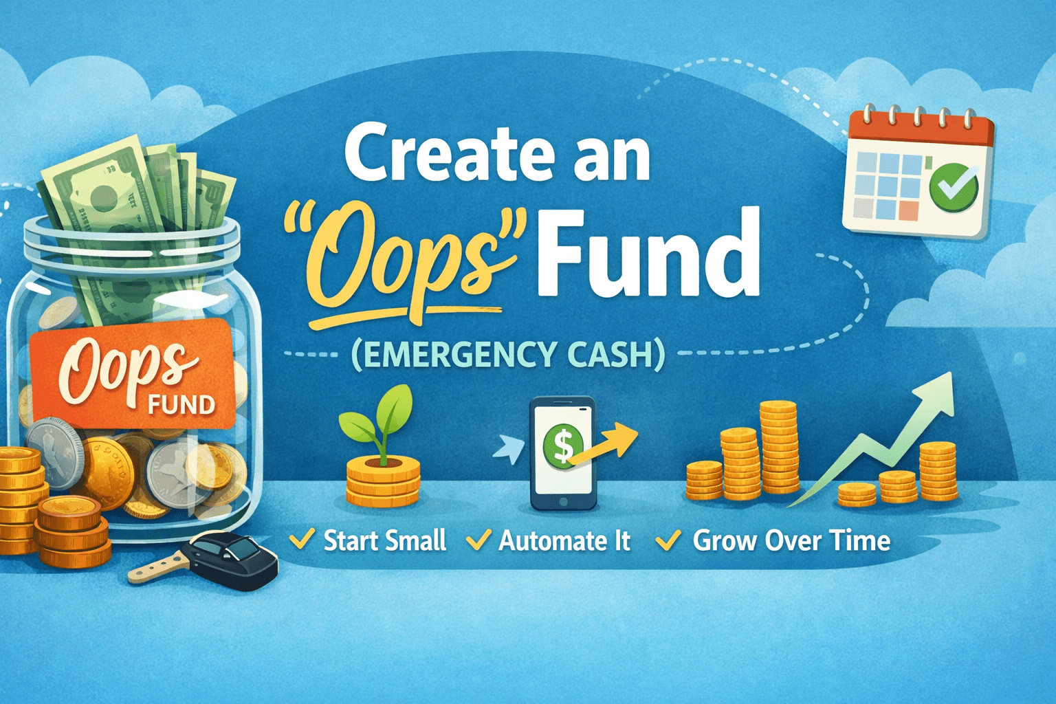 Illustration of an “Oops” emergency fund jar with cash, coins, and icons showing saving, automation, and growth over time