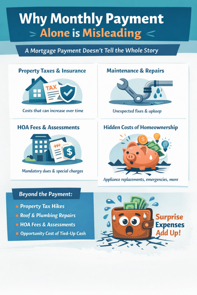 Why monthly payment alone is misleading—infographic showing hidden homeownership costs like property taxes, insurance, maintenance, HOA fees, and surprise expenses beyond the mortgage.