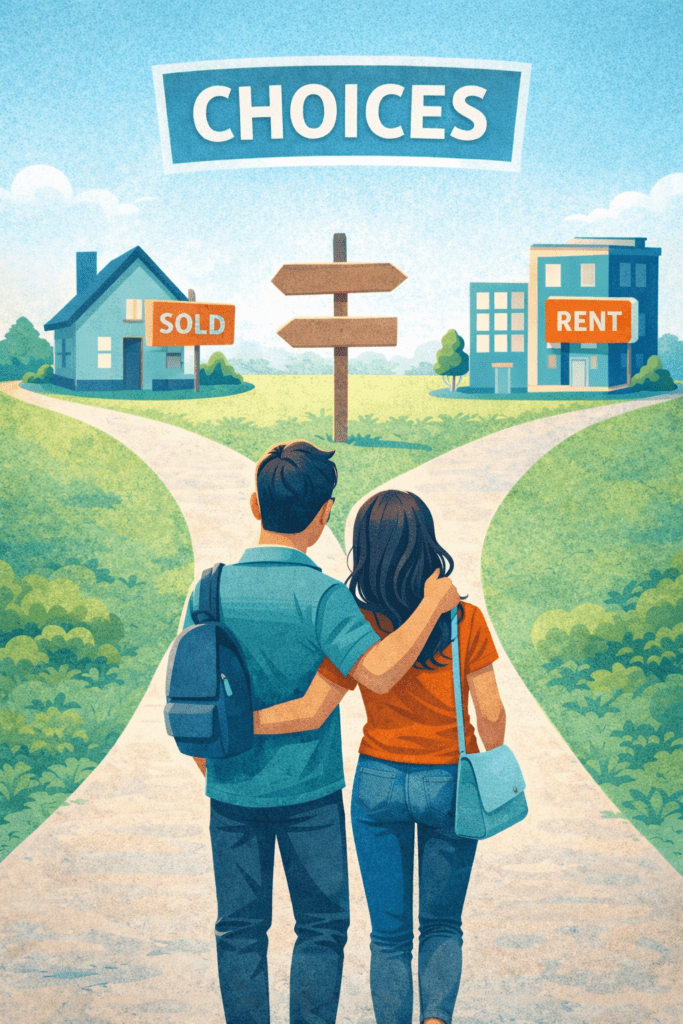 Illustration of a Millennial couple standing at a crossroads, looking toward two paths—one leading to a house with a for-sale sign and the other to an apartment with a for-rent sign, representing housing choices.