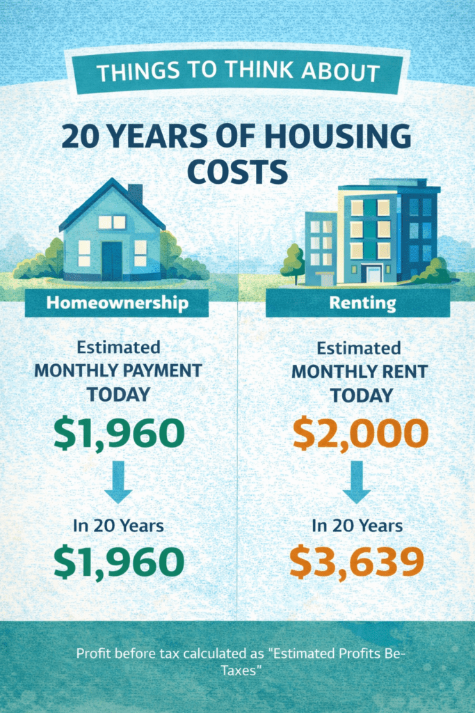 Infographic comparing 20 years of housing costs, showing an estimated monthly payment on a $300,000 home remaining stable over time while monthly rent starting at $2,000 increases significantly over 20 years.