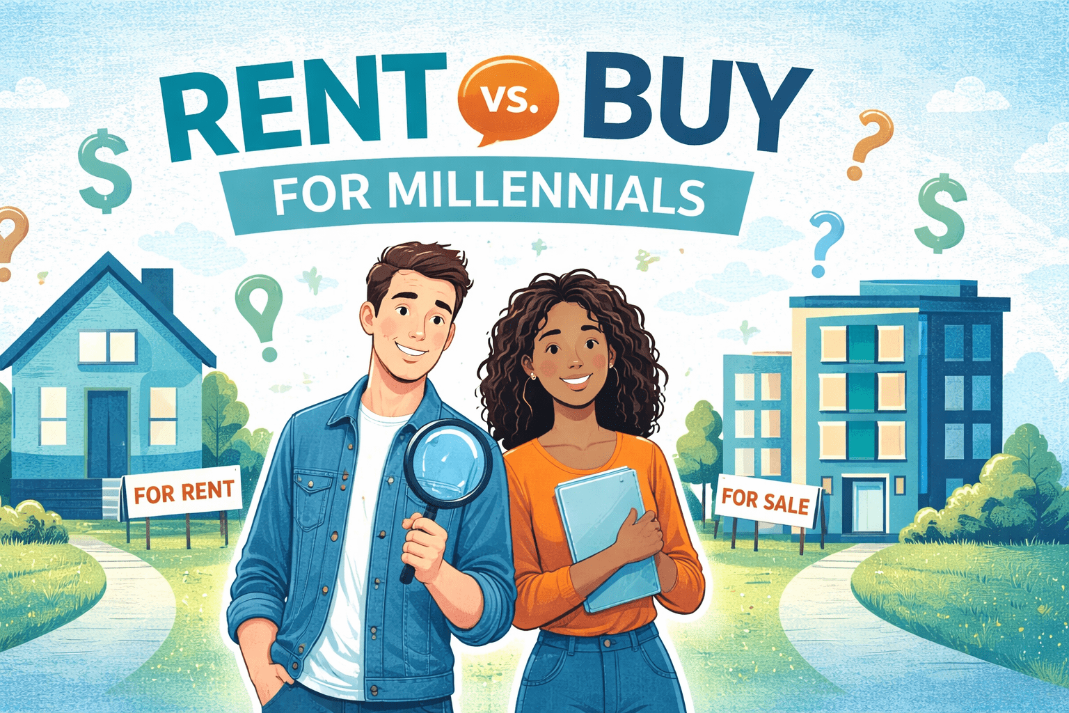 Illustration of a Millennial couple deciding between renting and buying a home, standing between a house with a “For Rent” sign and a building with a “For Sale” sign, representing housing choices.