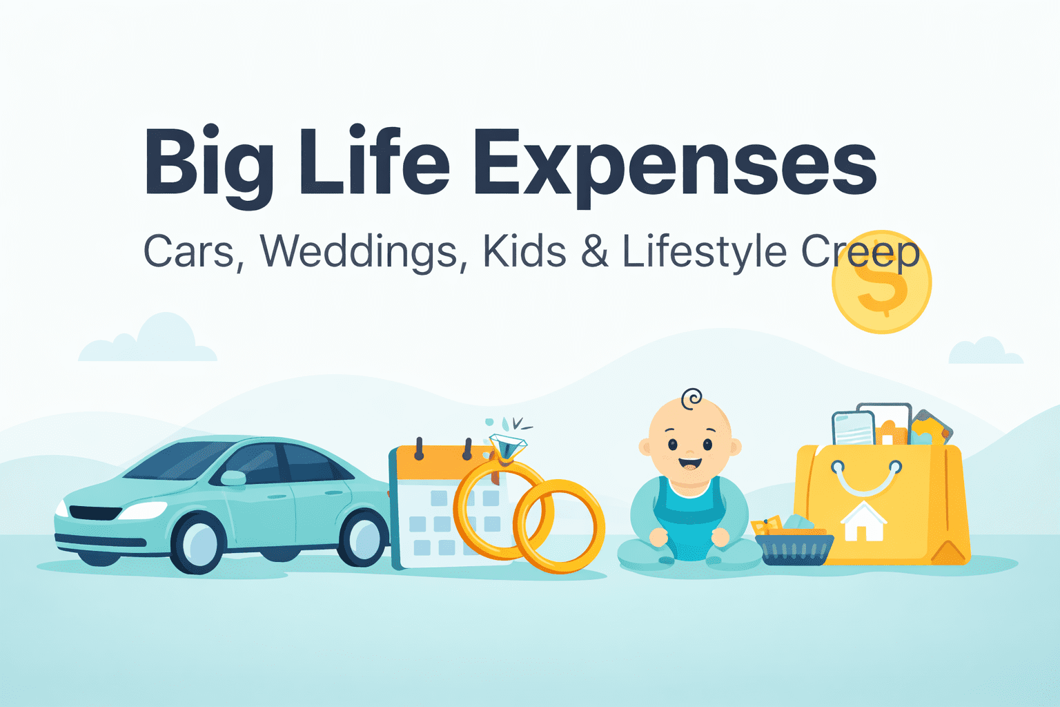 Big life expenses illustration showing a car, wedding rings, a baby, and shopping icons representing major financial decisions like cars, weddings, kids, and lifestyle creep