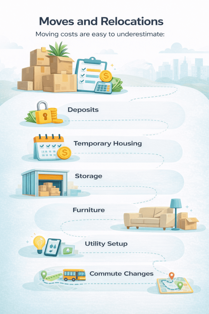 Infographic highlighting common moving and relocation costs, including deposits, temporary housing, storage, furniture, utility setup, and commute changes