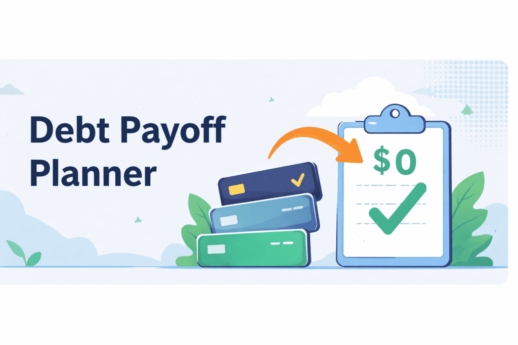 Illustration showing credit cards being paid down to a zero balance with a completed checklist, representing a debt payoff plan.