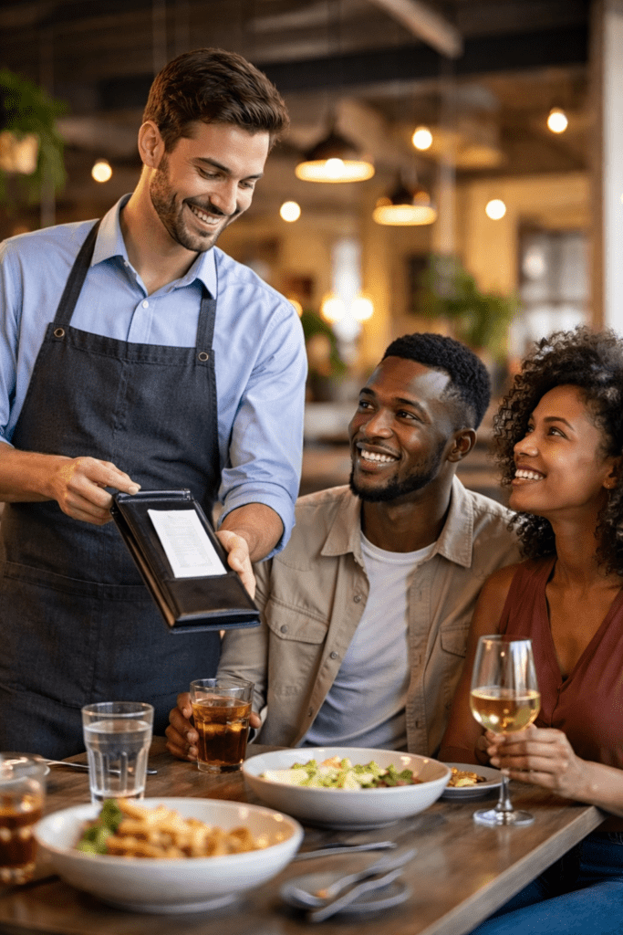 Millennial waiter presenting a restaurant bill to a Black millennial couple seated at a table, illustrating a common tipping interaction.