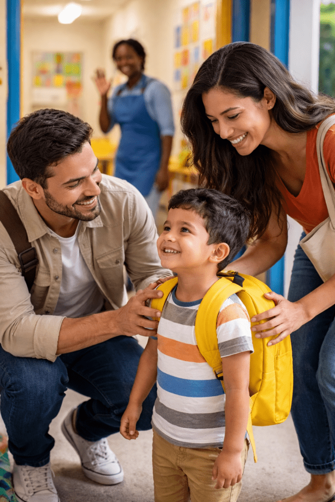 Hispanic millennial parents dropping off their young child at a daycare facility before heading to work.