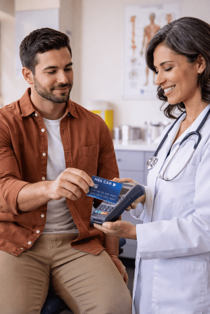 Millennial patient paying for a medical visit using a health savings account debit card at a doctor’s office.