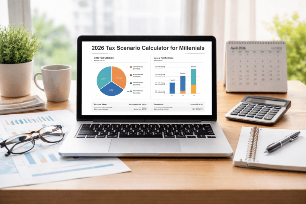image of a compter on a table with title 2026 tax scenario calculator for millennials