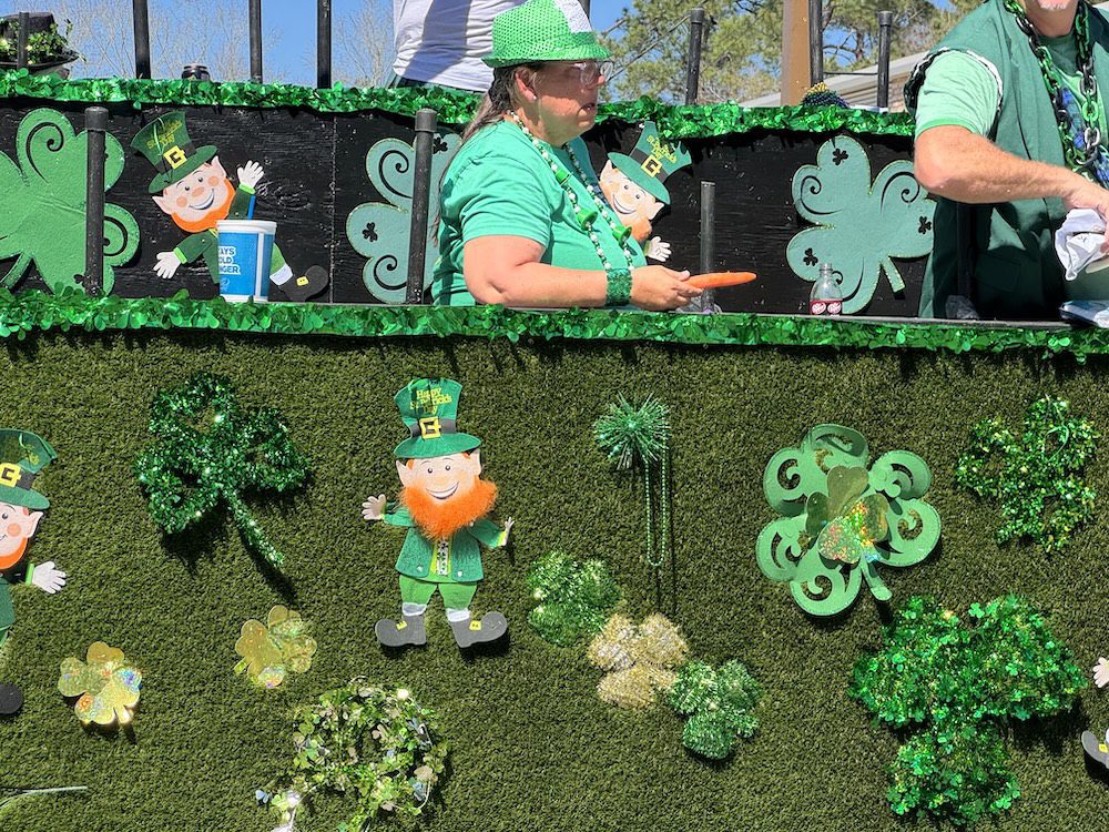St Patricks Day parade float decorated with shamrocks Ocean Springs Mississippi
