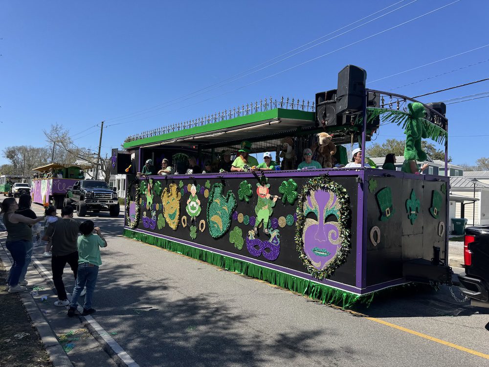 Large decorated float in Ocean Springs St Patricks Day parade