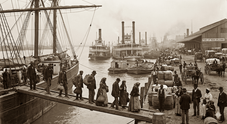 image of Irish immigrants leaving ship from Ireland to New Orleans in 1830's