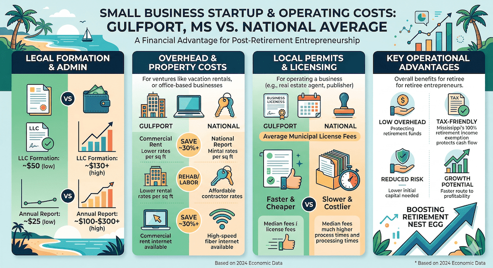 An infographic titled "Small Business Startup & Operating Costs: Gulfport, MS vs. National Average" detailing the financial benefits of post-retirement entrepreneurship on the coast. The graphic features four sections comparing Gulfport to national baselines