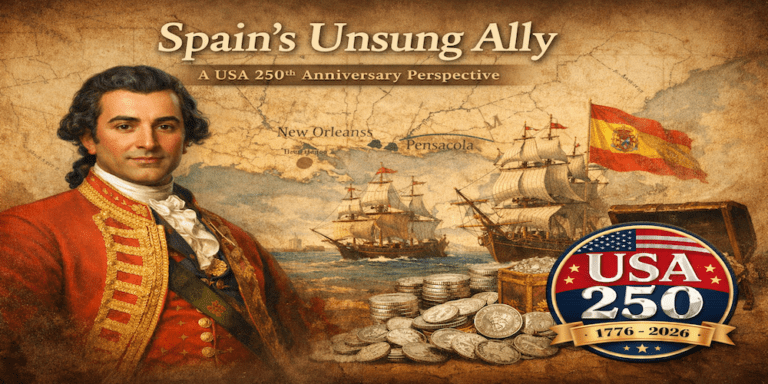 Portrait of Bernardo de Gálvez with Spanish ships, Havana silver, and a USA 250th Anniversary badge representing Spain’s role in American independence