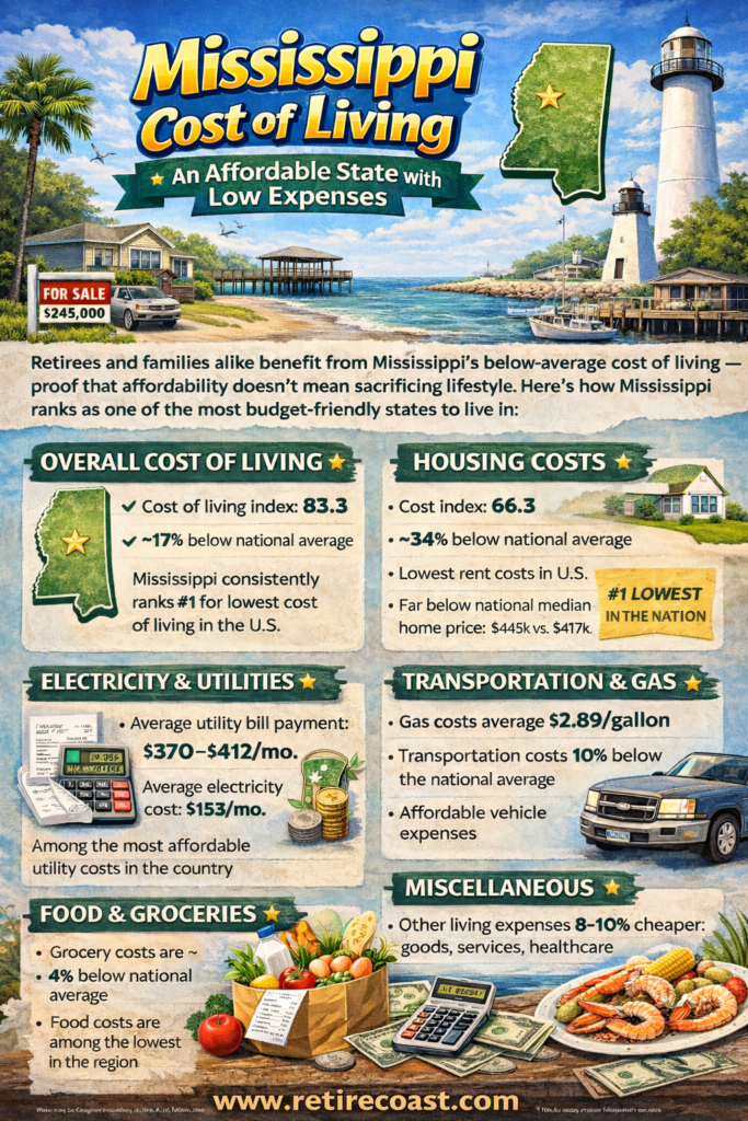Mississippi cost of living infographic showing low housing prices, affordable utilities, gas costs, groceries, and overall living expenses compared to national averages.