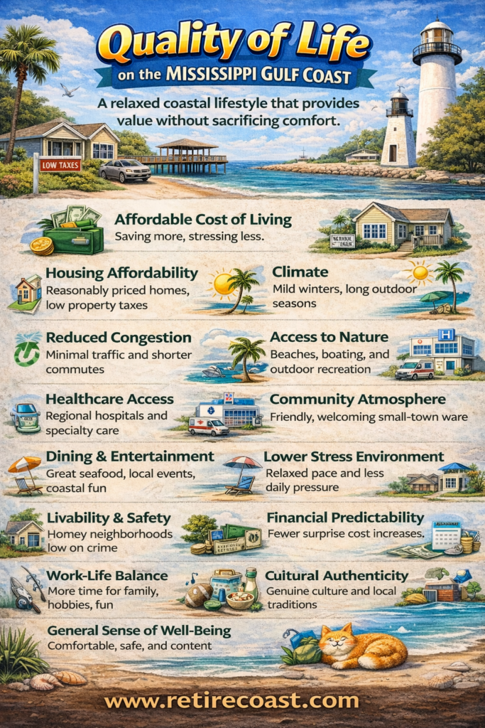 Quality of life infographic highlighting affordability, climate, housing, healthcare access, community, and lifestyle benefits on the Mississippi Gulf Coast.