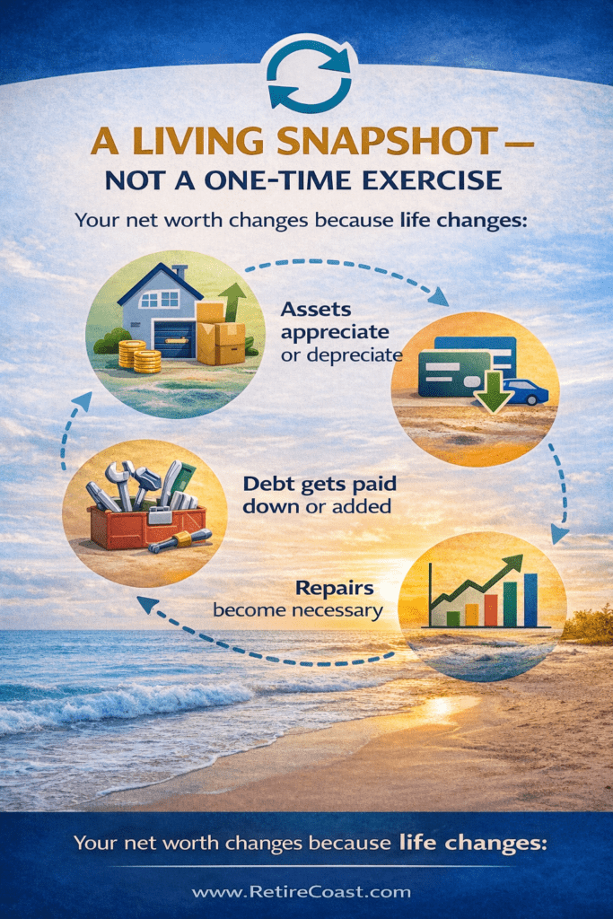 RetireCoast infographic explaining that net worth is a living snapshot that changes as assets fluctuate, debt changes, repairs arise, and markets move.