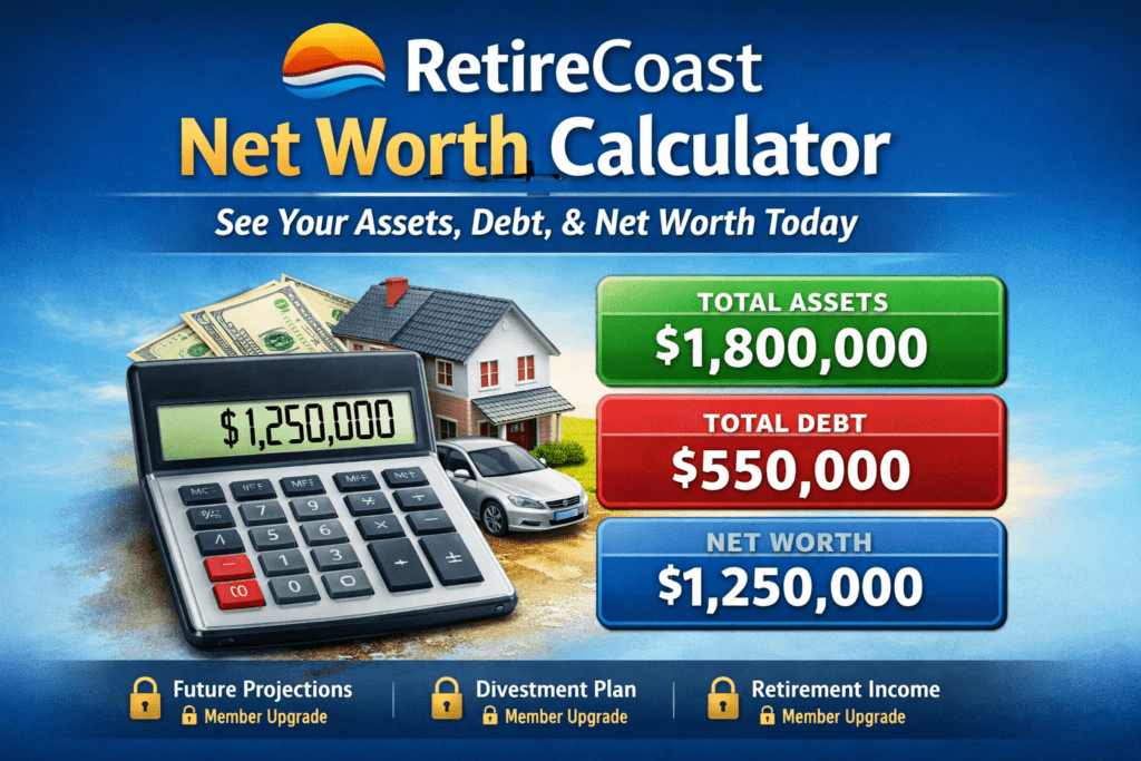 Featured image for the RetireCoast Net Worth Calculator showing a calculator, home, vehicle, and asset totals illustrating assets, debt, and net worth today.