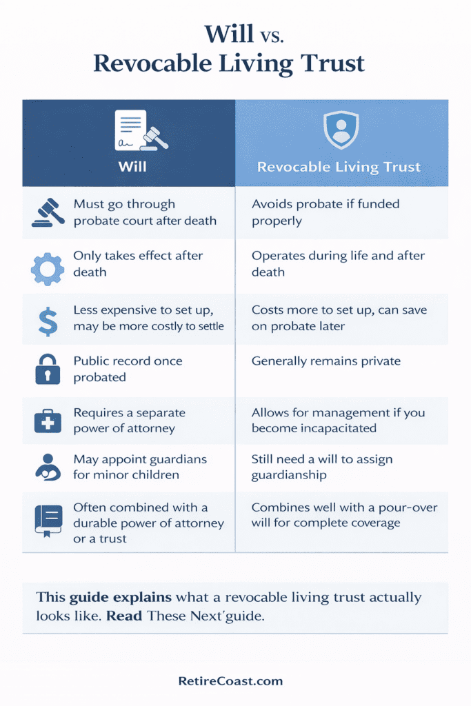 Infographic comparing a will and a revocable living trust, highlighting differences in probate, privacy, cost, control during life, incapacity planning, and guardianship.