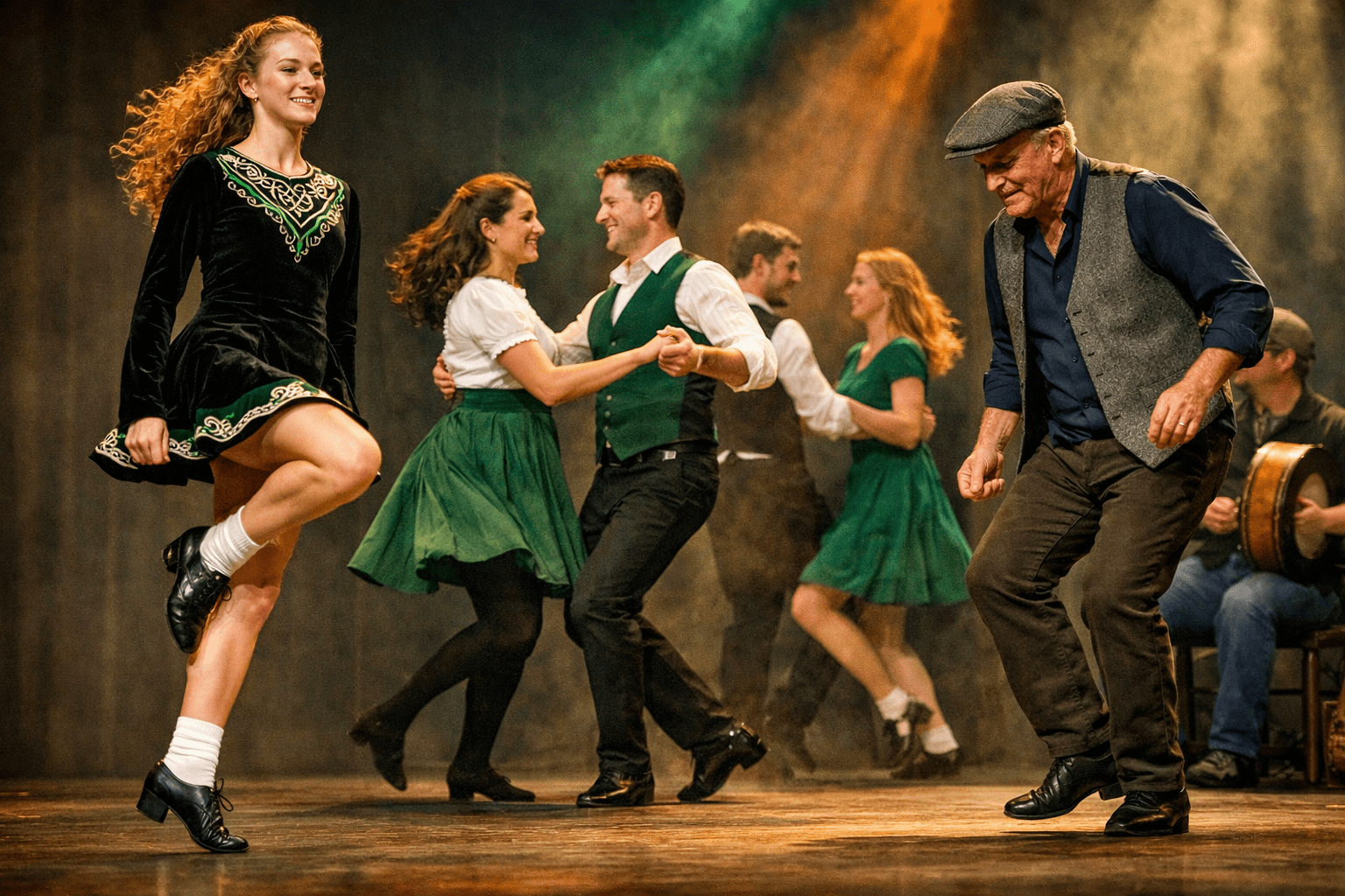 Traditional Irish dancers performing Irish step, céilí, and sean-nós dances on stage with live Celtic musicians.