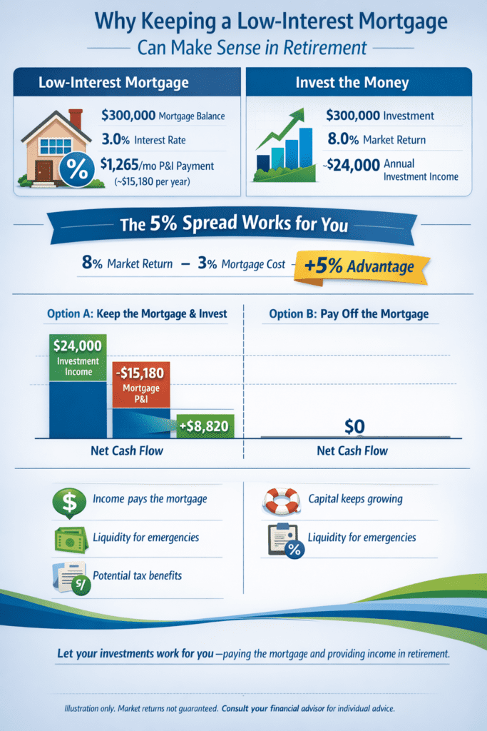 Infographic showing how keeping a low-interest mortgage in retirement can be beneficial by investing a $300,000 balance at an 8% market return while paying a 3% mortgage, allowing investment income to cover the mortgage payment with surplus cash flow.