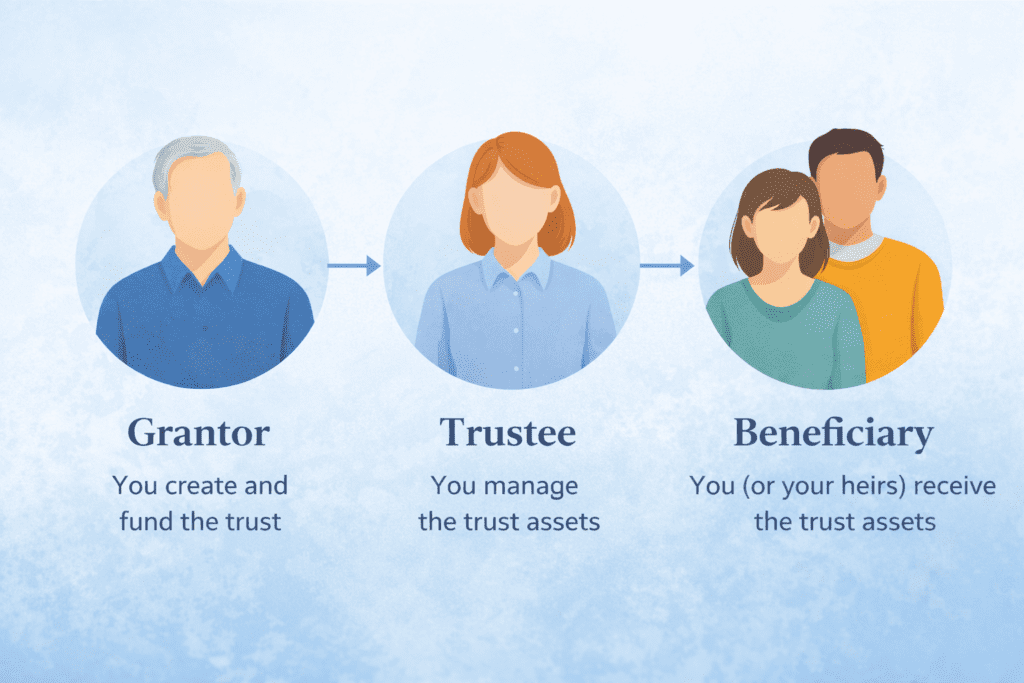 Infographic illustrating the roles in a revocable living trust, showing the grantor creating and funding the trust, the trustee managing assets, and beneficiaries receiving assets.