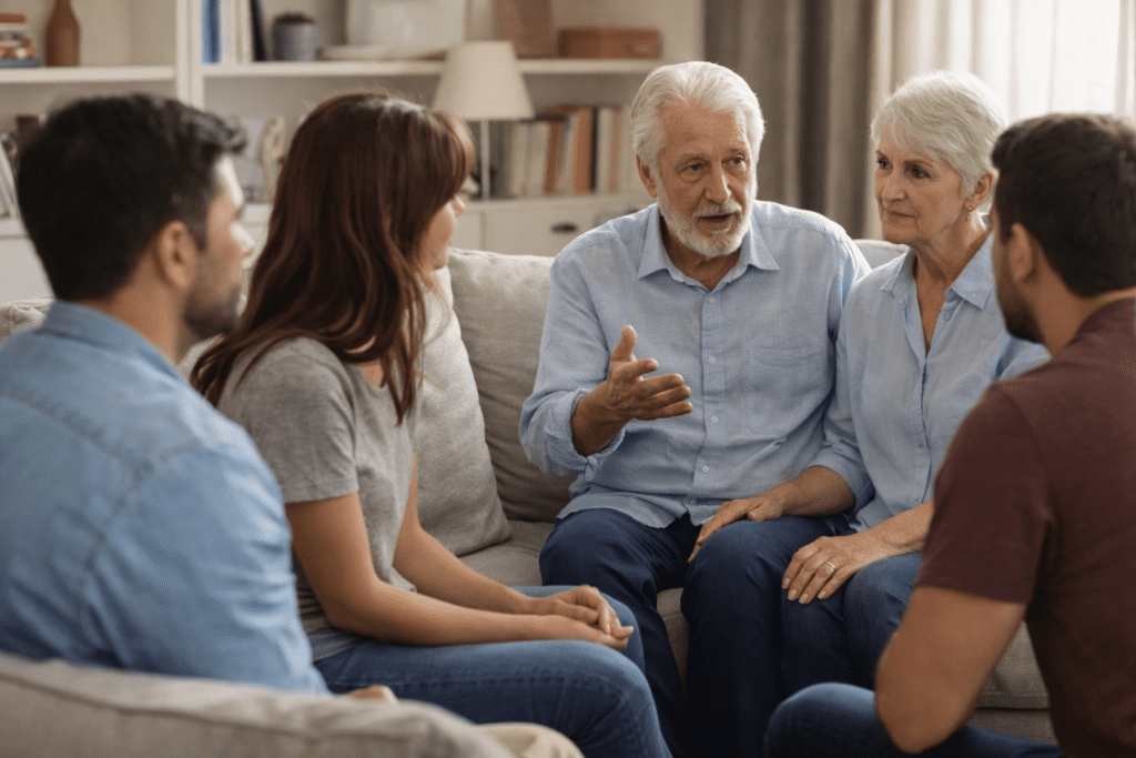 Older parents sitting in a living room speaking with their three adult children about their revocable living trust and estate planning decisions.