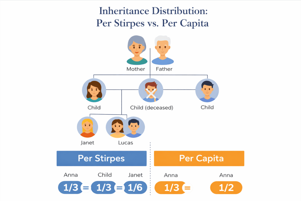 Family tree infographic demonstrating per stirpes distribution, showing parents with three children, one deceased child, and grandchildren who inherit their parent’s share.