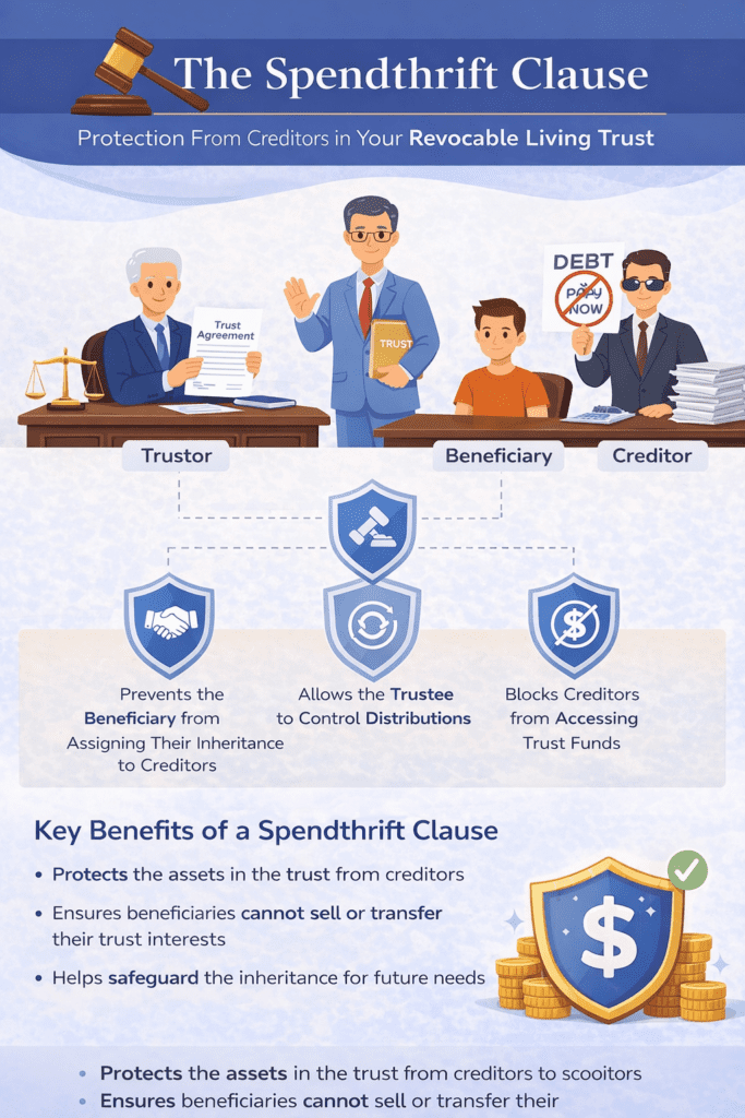 nfographic explaining the spendthrift clause in a revocable living trust, showing how the trustee controls distributions and protects beneficiaries from creditor claims.