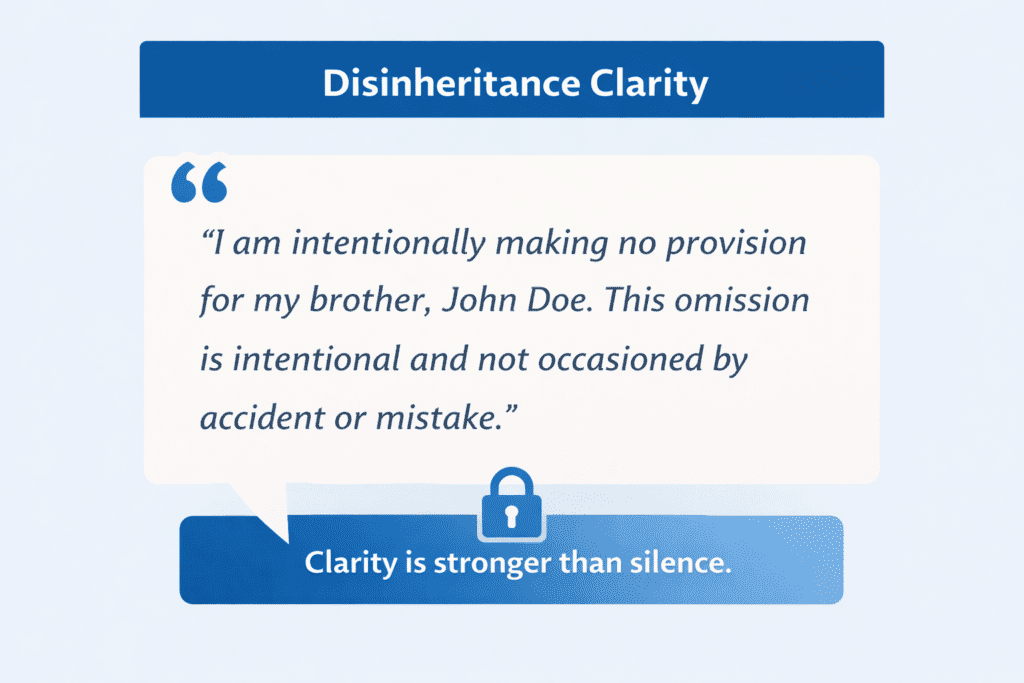 Infographic titled “Disinheritance Clarity” showing example language for intentional omission in a revocable living trust, emphasizing that clarity is stronger than silence.