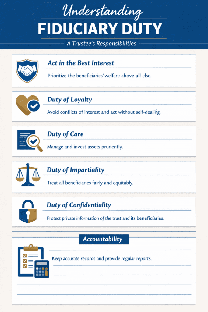 Infographic titled “Understanding Fiduciary Duty: A Trustee’s Responsibilities,” outlining the core fiduciary duties of a trustee, including acting in the best interest of beneficiaries, duty of loyalty, duty of care, duty of impartiality, duty of confidentiality, and accountability through proper record-keeping and reporting.
