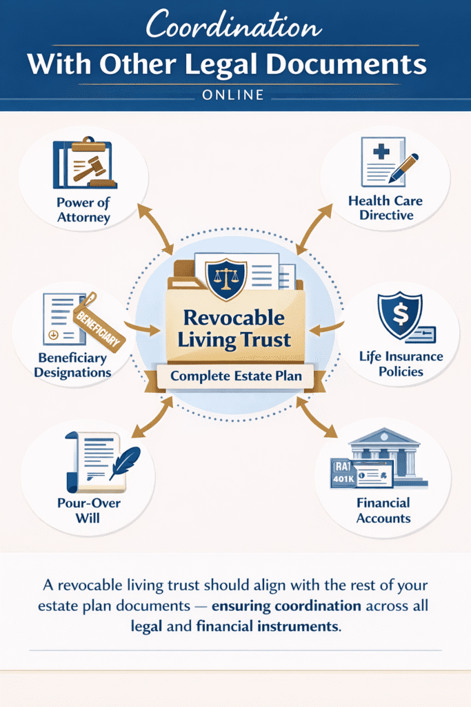 Alt Text:
Infographic titled “Coordination With Other Legal Documents,” showing a revocable living trust at the center of a complete estate plan connected to power of attorney documents, health care directives, a pour-over will, beneficiary designations, life insurance policies, and financial accounts at various institutions.