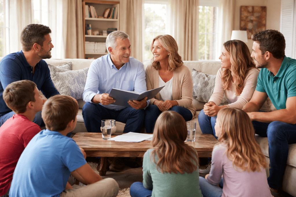 Multigenerational family gathered in a living room discussing a revocable living trust, with parents seated on a couch holding documents, three adult children seated nearby, and seven grandchildren sitting on the floor listening attentively.