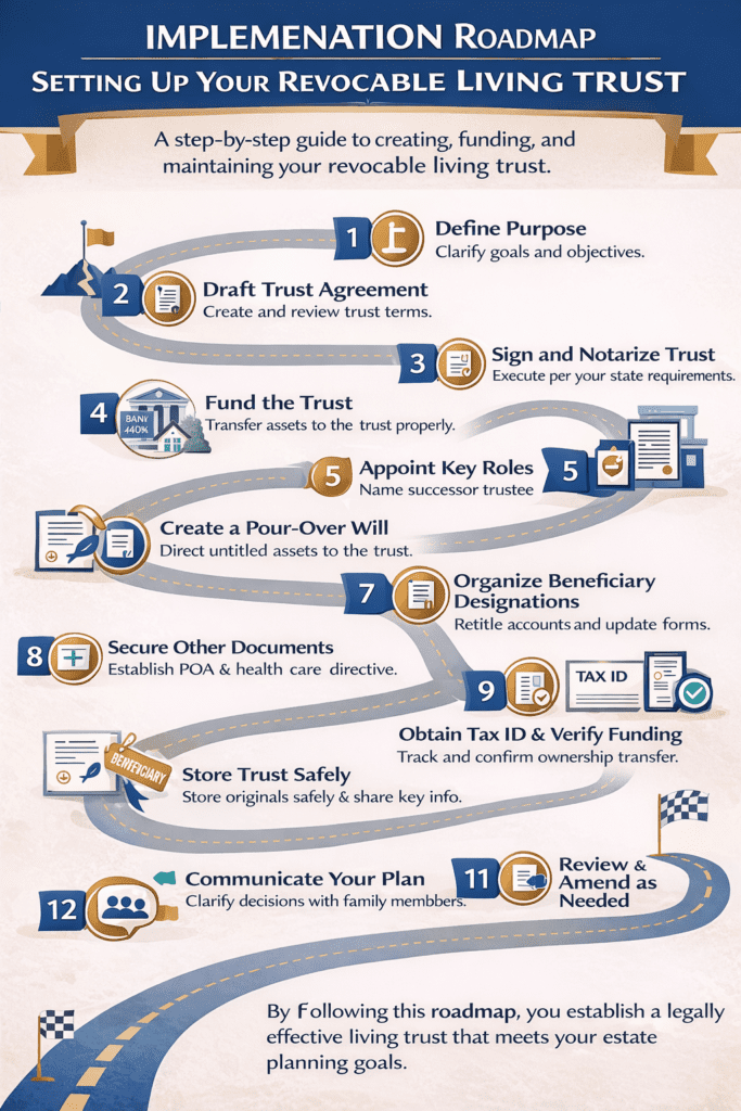 Infographic titled “Implementation Roadmap: Setting Up Your Revocable Living Trust,” outlining step-by-step actions including drafting the trust agreement, signing and notarizing, funding the trust, appointing a successor trustee, coordinating with a pour-over will, updating beneficiary designations, securing related legal documents, confirming funding, storing documents safely, communicating with family, and reviewing the trust periodically.