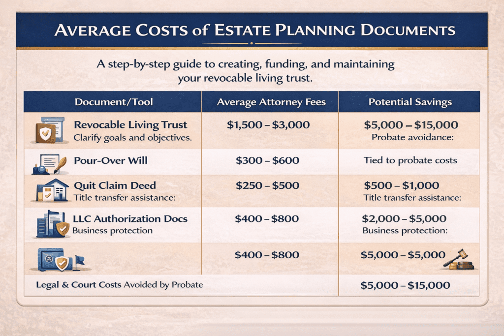 Infographic titled “Average Costs of Estate Planning Documents” displaying a comparison table with three columns: Document/Tool, Average Attorney Fees, and Potential Savings. It lists Revocable Living Trust ($1,500–$3,000; potential probate savings $5,000–$15,000), Pour-Over Will ($300–$600), Quit Claim Deed ($250–$500; potential savings $500–$1,000), LLC Authorization Documents ($400–$800; potential savings $2,000–$5,000), and a summary row noting legal and court costs avoided by probate of approximately $5,000–$15,000.