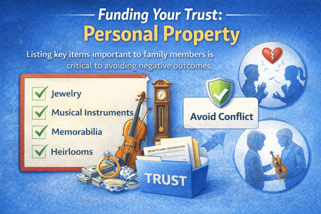 Infographic titled “Funding Your Trust: Personal Property” showing a checklist of jewelry, musical instruments, memorabilia, and heirlooms next to a trust folder, with illustrations emphasizing that clearly listing meaningful personal items helps avoid family conflict.