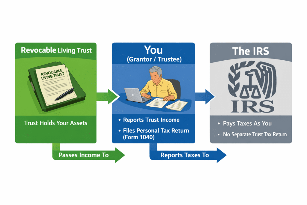 Infographic showing tax liability flow for a revocable living trust, illustrating that income flows from the trust to the individual grantor, who reports it on a personal Form 1040 and pays taxes directly to the IRS.