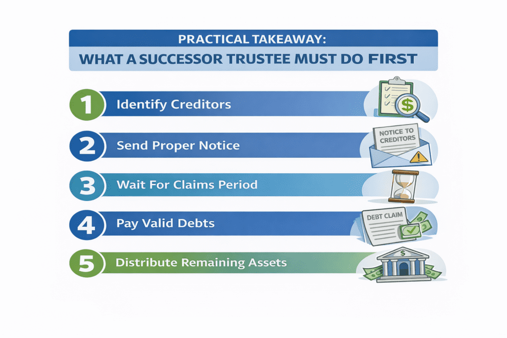 Infographic titled “Practical Takeaway: What a Successor Trustee Must Do First,” outlining five steps: identify creditors, send proper notice, wait for the claims period, pay valid debts, and distribute remaining assets.