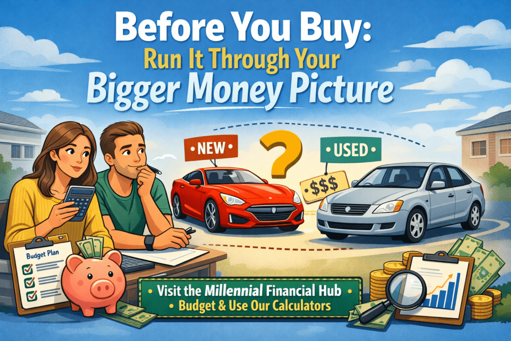 Illustrated banner showing a Millennial couple reviewing a budget while comparing a new car and a used car, emphasizing the importance of fitting vehicle purchases into a larger financial planning and budgeting strategy.