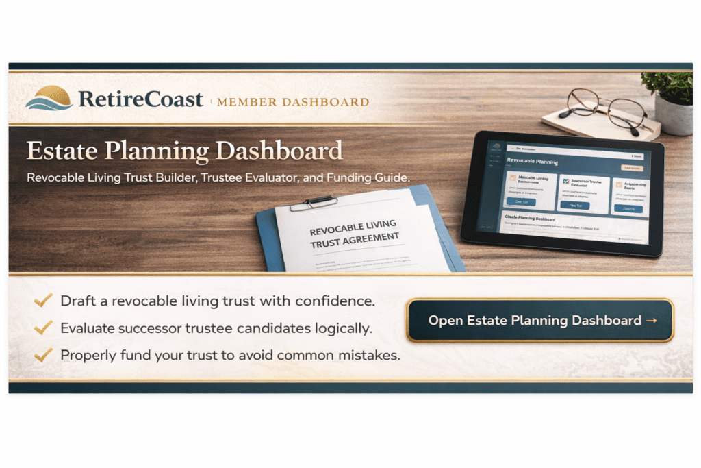 RetireCoast Estate Planning Dashboard banner showing a revocable living trust agreement on a desk with tablet display of trust builder, trustee evaluator, and funding guide tools.