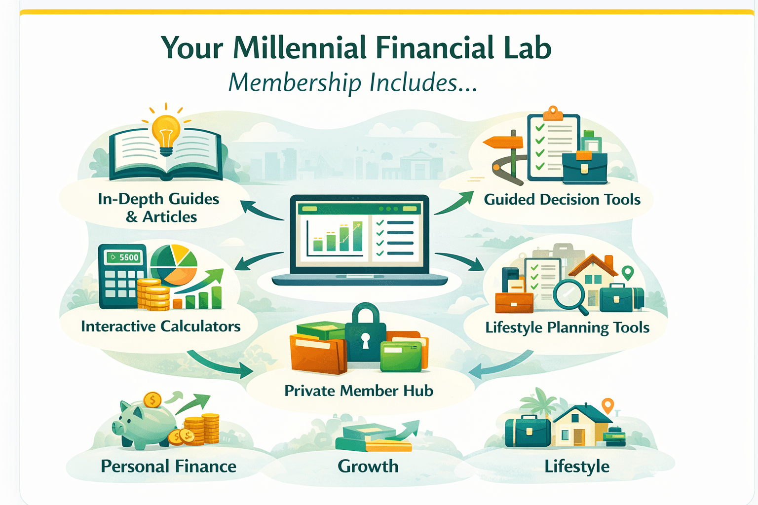 Infographic showing what a Millennial Financial Lab membership includes: guides, calculators, guided decision tools, lifestyle planning tools, and a private member hub