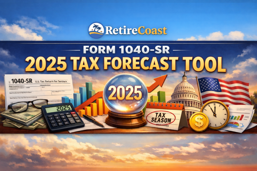 RetireCoast Form 1040-SR 2025 Tax Forecast Tool banner showing tax documents, calculator, growth chart, and U.S. Capitol with coastal branding.