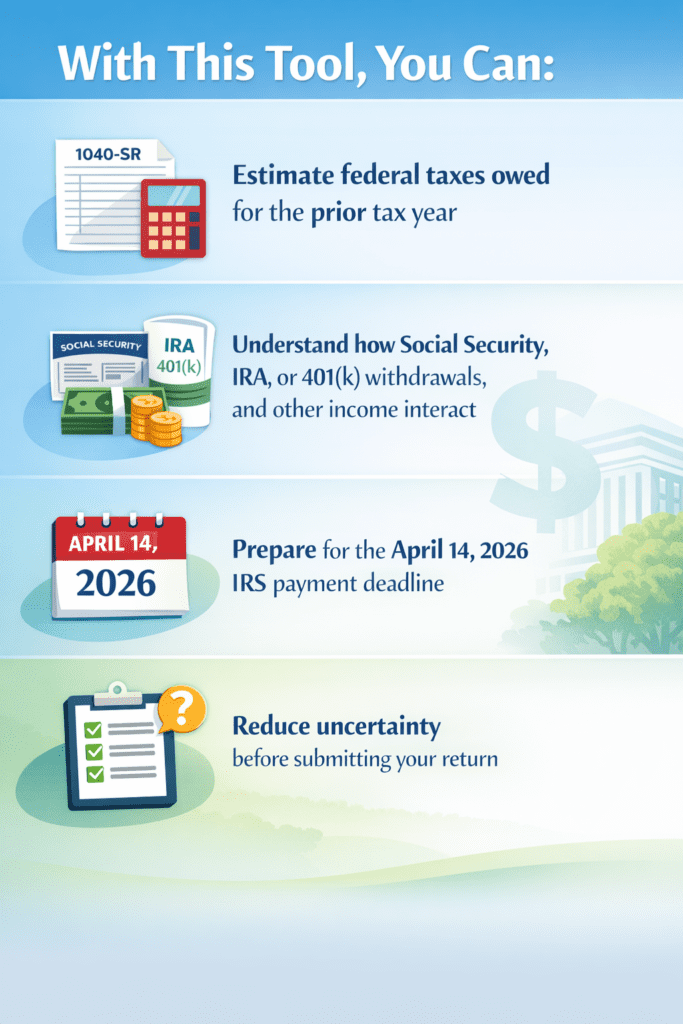 Form 1040-SR 2025 Tax Forecast Tool infographic showing how retirees can estimate taxes owed, understand retirement income interactions, prepare for the April 14, 2026 IRS deadline, and reduce filing uncertainty.