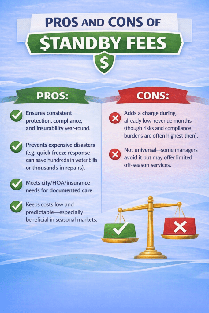 Infographic showing the pros and cons of standby fees for coastal vacation homes, comparing benefits like year-round protection, compliance, and predictable costs against drawbacks such as off-season charges and limited availability from some property managers.