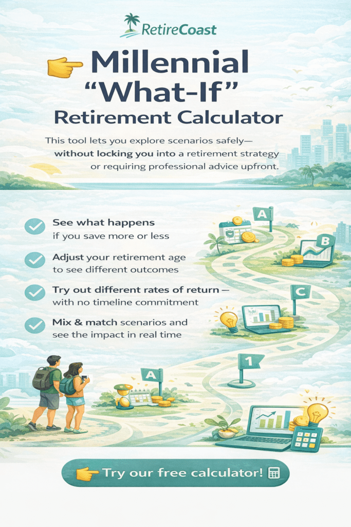 nfographic showing the Millennial “What-If” Retirement Calculator, which lets users explore different retirement scenarios without committing to a specific strategy.
