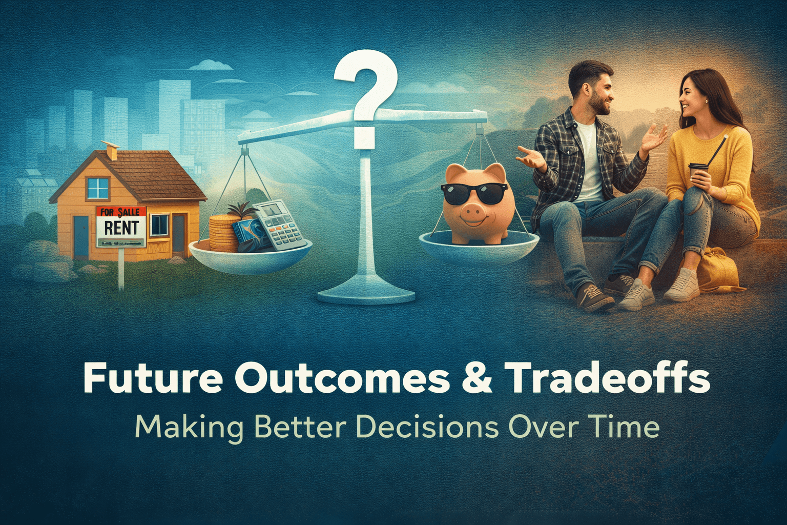 Illustration showing financial tradeoffs such as rent versus buy, saving versus spending, and long-term decision making for millennials.