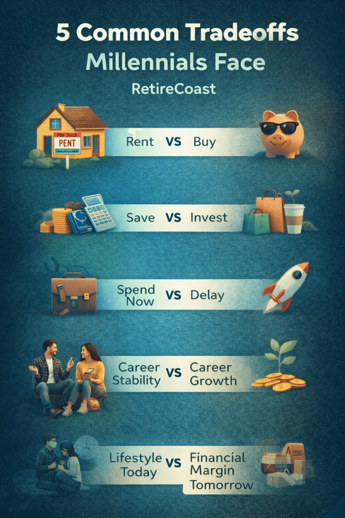 Infographic showing five common financial tradeoffs millennials face: rent vs buy, save vs invest, spend now vs delay, career stability vs career growth, and lifestyle today vs financial margin tomorrow.