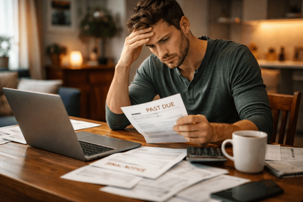 Millennial reviewing overdue bills at a dining room table with a laptop open, showing stress as paperwork piles up.
