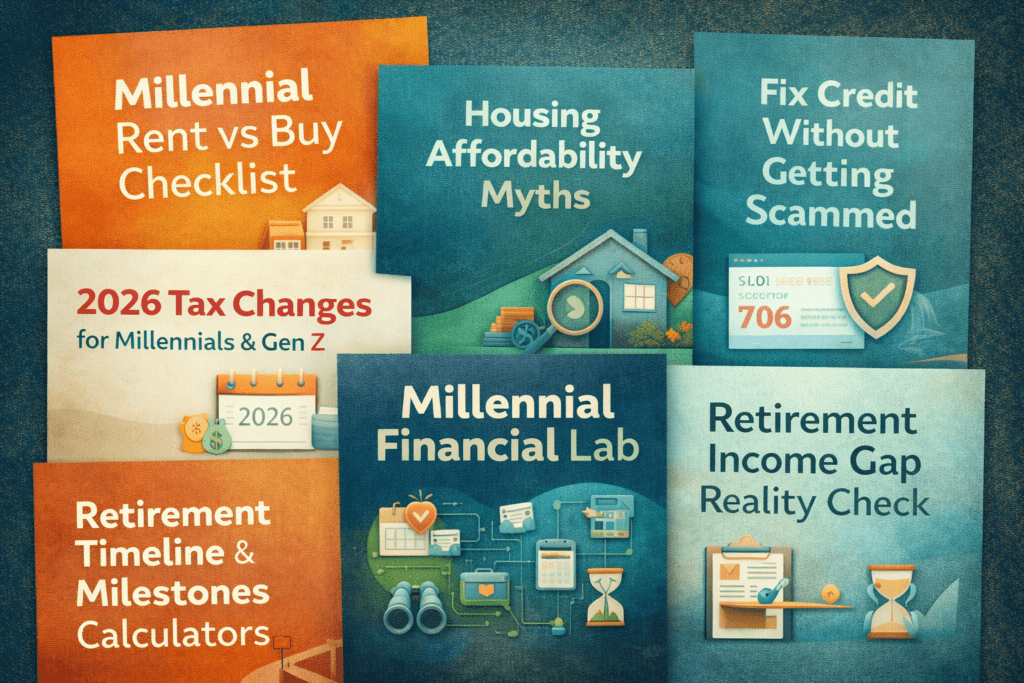 Montage showing title pages of Millennial financial tools, including rent vs buy, housing affordability, credit repair, tax changes, retirement timelines, income gap analysis, and the Millennial Financial Lab.
