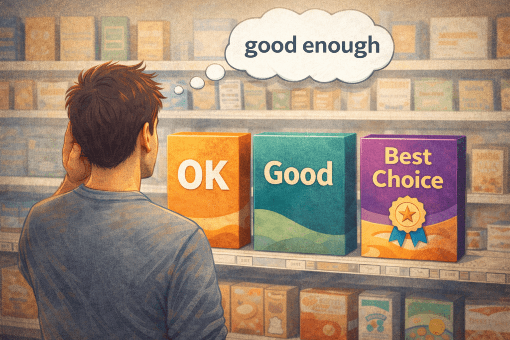 Illustration of a millennial choosing between options labeled OK, Good, and Best Choice at a grocery shelf, with a thought bubble reading “good enough.”
