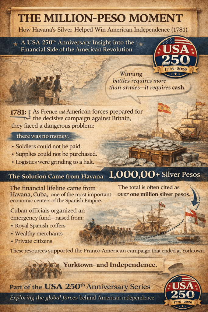 Infographic explaining how Havana’s million silver pesos helped finance the Franco-American campaign and the British surrender at Yorktown in 1781